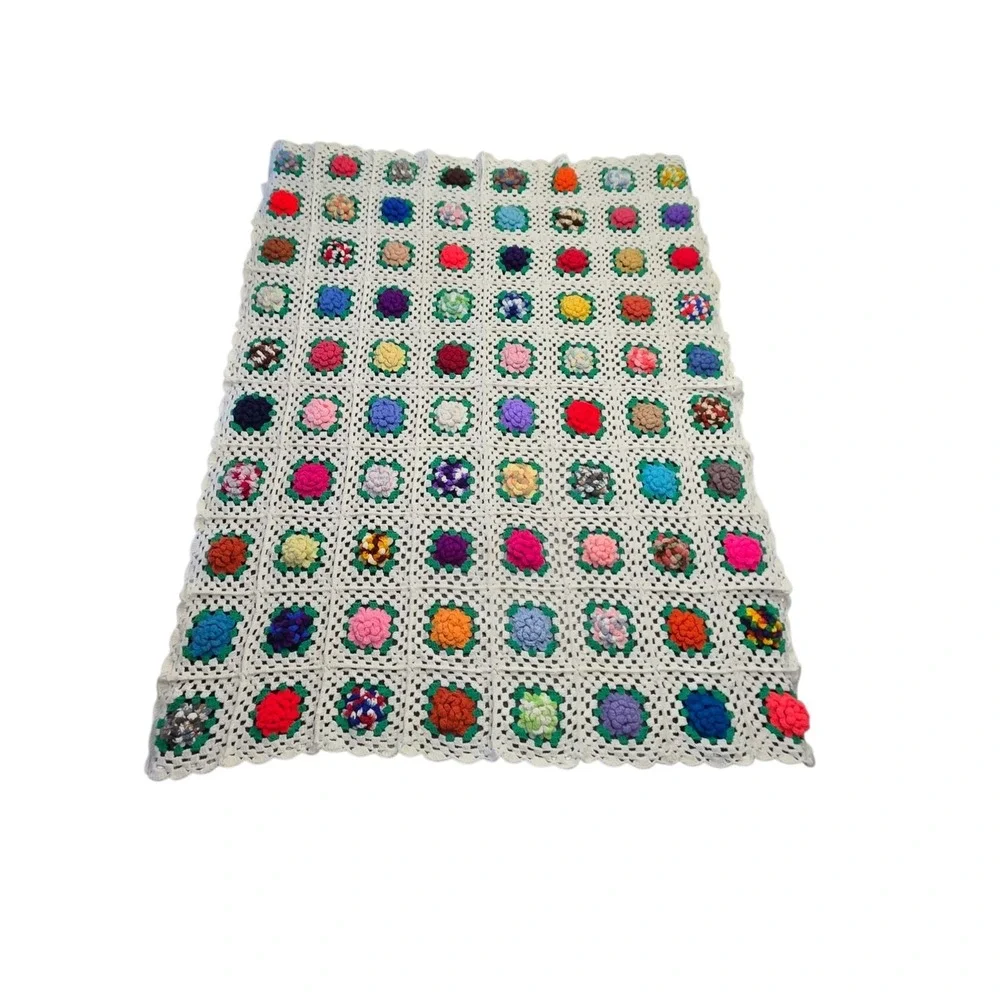 Vintage 3D Crochet Granny Square Blanket Floral White Handmade Afghan Throw